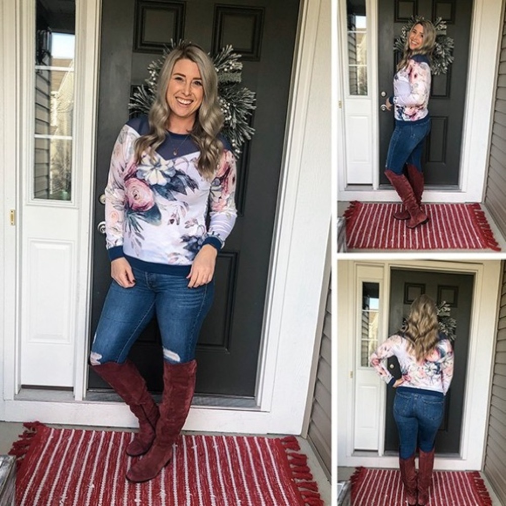 Floral Long Sleeve Top with Blue Accents